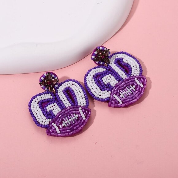Game Day Earrings Beaded Football Dangle Jewelry Spirit Fan Gift - Picture 4 of 5